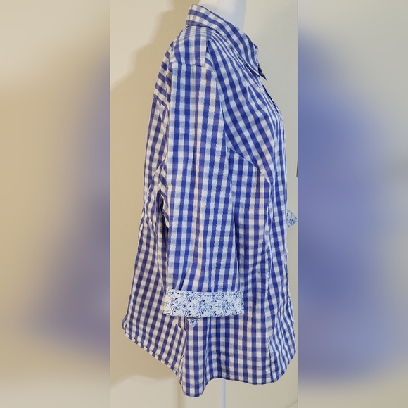 Basic Editions Blue Checkered with Paisley Cuffs Blouse Women's 3X - Picture 4 of 8